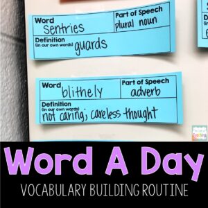 The cover of a teaching resource with resources for vocabulary. The picture shows blue vocabulary word cards hung on a cabinet with the words "Word A Day" below them.