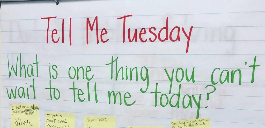 Anchor chart collecting student responses to the question "What is one thing you can't wait to tell me today?"