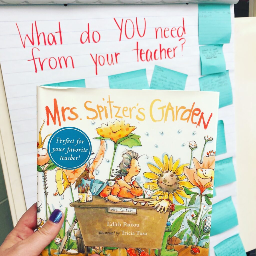 Photo of the book "Mrs. Spitzer's Garden" and an anchor chart in the background titled "What do YOU need from your teacher"