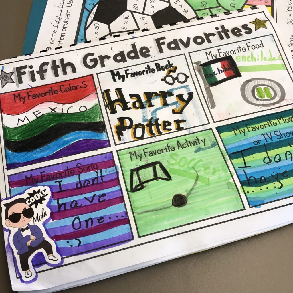 A photo of one page of a memory book - fifth grade favorites. Colored and filled in.