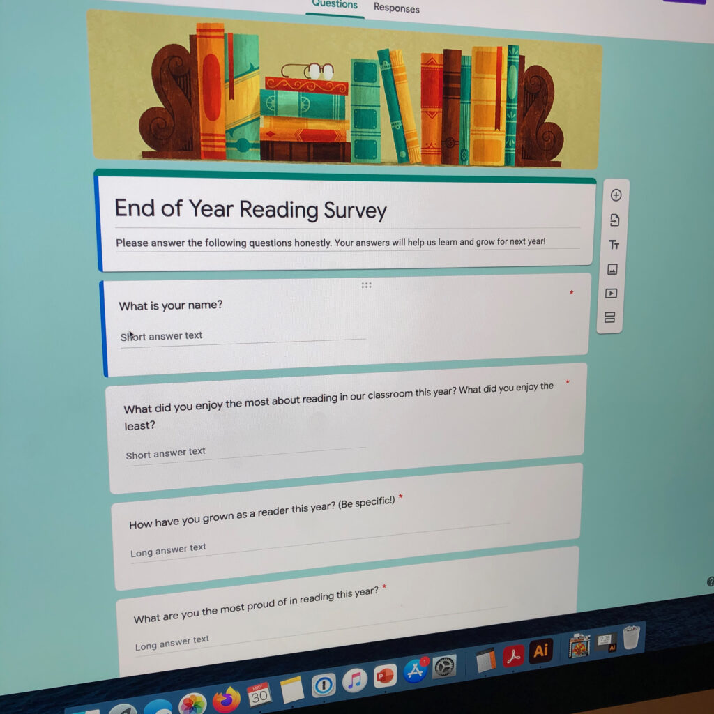 A screenshot of an end of the year reading survey for students in Google forms.