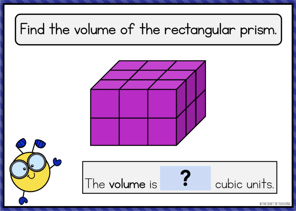A screenshot of a slide that says find the volume of the rectangular prism. A purple rectangular prism is in the middle.
