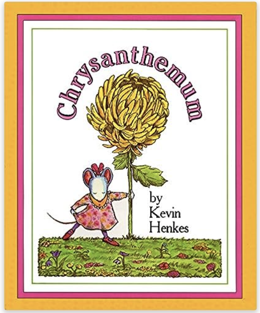 Cover of the picture book "Chrysanthemum" with a small mouse in a dress holding a chrysanthemum flower.