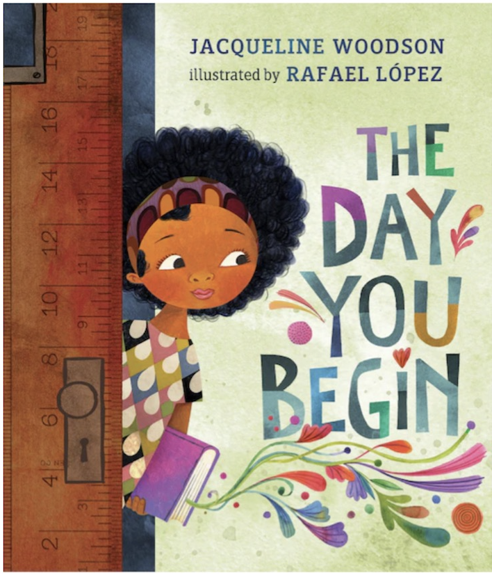 Cover of the picture book "The Day You Begin." A young girl is peeking into her new classroom.