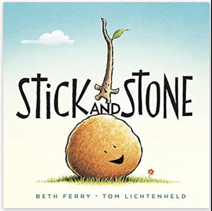 Cover of the picture book "Stick and Stone." A smiling stick stands atop a smiling stone.