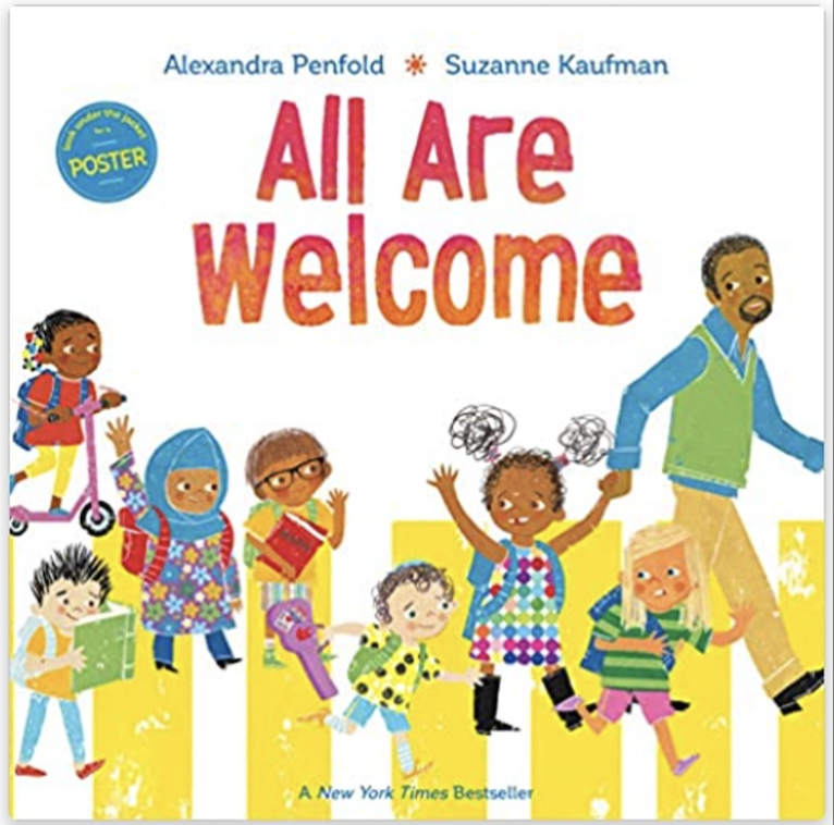 Cover of the picture book "All Are Welcome." Happy children and families of all kinds are walking on a crosswalk.